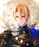  1boy armor bangs black_armor blonde_hair blue_capelet blue_eyes capelet closed_mouth cup danhu dimitri_alexandre_blaiddyd english_commentary falling_petals fire_emblem fire_emblem:_three_houses garreg_mach_monastery_uniform gauntlets hair_between_eyes highres holding holding_cup holding_plate light_smile looking_down male_focus plate short_hair solo upper_body 