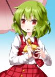  1girl ascot bangs blue_background buttons collared_shirt eyebrows_visible_through_hair green_hair highres holding holding_umbrella kazami_yuuka looking_at_viewer looking_to_the_side medium_hair open_mouth pink_umbrella plaid plaid_skirt plaid_vest red_eyes red_skirt red_vest ruu_(tksymkw) shirt simple_background skirt skirt_set smile solo touhou umbrella vest white_shirt yellow_neckwear 