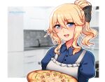  1girl :d artist_logo artist_name bangs black_ribbon blonde_hair blue_eyes blush commentary english_commentary eyebrows_visible_through_hair food genshin_impact hair_between_eyes hair_ribbon jean_gunnhildr juliet_sleeves kitchen long_sleeves looking_at_viewer newmoonshira open_mouth outline pizza ponytail puffy_sleeves ribbon sidelocks smile solo upper_body upper_teeth white_outline wing_collar 