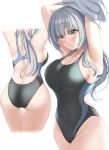  1girl absurdres armpits arms_up ass black_swimsuit breasts commentary_request competition_swimsuit cowboy_shot highres kashiwagi_saki kibihimi large_breasts long_hair looking_at_viewer multiple_views one-piece_swimsuit ongeki silver_hair simple_background standing swimsuit white_background white_hair yellow_eyes 
