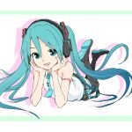  1girl aqua_eyes aqua_hair aqua_neckwear arm_support bare_shoulders belt black_legwear black_skirt chin_rest commentary full_body hair_ornament hands_on_own_cheeks hands_on_own_face hatsune_miku headphones legs_up letterboxed long_hair looking_at_viewer lying miniskirt necktie on_stomach open_mouth pleated_skirt shadow shirt shoulder_tattoo skirt sleeveless sleeveless_shirt smile solo soukun_s tattoo thigh-highs twintails very_long_hair vocaloid vocaloid_(lat-type_ver) white_background white_shirt zettai_ryouiki 