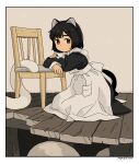  1girl akai_sashimi animal_ears apron black_hair chair highres kneeling leaning_on_object maid maid_apron original short_hair tail 