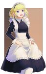 1girl alternate_costume apron blonde_hair blue_eyes breasts constance_von_nuvelle fire_emblem fire_emblem:_three_houses hands_on_lap highres long_sleeves looking_to_the_side maid_apron maid_headdress medium_breasts open_mouth pantyhose short_hair simple_background surprised thigh-highs ue_ereb upper_body 