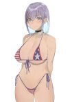  1girl american_flag_bikini arms_behind_back ass_visible_through_thighs bangs bikini blue_eyes blue_hair blush breasts choker closed_mouth collarbone commentary_request covered_nipples earrings eyebrows_visible_through_hair flag_print front-tie_top gradient_hair groin halterneck iku_(ikuchan_kaoru) indie_virtual_youtuber jewelry large_breasts looking_at_viewer micro_bikini multicolored_hair navel purple_hair short_hair side-tie_bikini skindentation smile solo string_bikini swimsuit virtual_youtuber white_background 