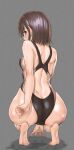  1girl ass back barefoot black_swimsuit blue_eyes breasts brown_hair eyebrows_visible_through_hair from_behind full_body grey_background highres inu_(aerodog) looking_at_viewer looking_back one-piece_swimsuit original short_hair simple_background small_breasts soles solo squatting swimsuit wet wet_hair 