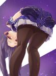  1girl absurdres ass ass_grab bent_over black_legwear dress earrings frilled_dress frilled_skirt frills from_behind genshin_impact gloves hair_ornament highres jewelry keqing_(genshin_impact) long_hair looking_at_viewer looking_back purple_hair skirt solo thighs twintails violet_eyes zzy990421 