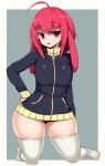  ahoge animal_ears commentary_request flat_chest hand_on_hip highres hinoko_(sawati) jacket original red_eyes redhead sawati skindentation thick_thighs thigh-highs thighs tight wide_hips 