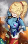  1girl bangs blonde_hair blue_bodysuit blue_eyes bodysuit breasts highres ippers large_breasts long_hair metroid open_mouth power_suit samus_aran zero_suit 