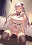  1girl algerie_(azur_lane) azur_lane bangs bare_shoulders bed black_legwear breasts closed_mouth covered_navel drill_hair fine_fabric_emphasis garter_straps highres indoors itaco large_breasts long_hair looking_at_viewer mole mole_under_eye sideboob silver_hair smile solo spread_legs squatting thigh-highs very_long_hair violet_eyes 