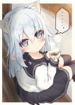  ... 1girl animal_ear_fluff animal_ears baozi bench black_legwear black_sailor_collar black_skirt blue_eyes cat_ears commentary_request cowboy_shot eyebrows_visible_through_hair food hair_between_eyes hibiki_(kantai_collection) highres kantai_collection long_hair looking_at_viewer pleated_skirt ridy_(ri_sui) sailor_collar school_uniform serafuku silver_hair sitting skirt solo spoken_ellipsis thigh-highs 