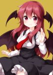  1girl bangs bat_wings black_dress black_wings breasts buttons closed_mouth collared_shirt dress eyebrows_visible_through_hair hair_between_eyes head_wings highres koakuma long_hair long_sleeves looking_at_viewer necktie red_eyes red_neckwear redhead ruu_(tksymkw) shirt simple_background smile solo touhou white_shirt wings yellow_background 