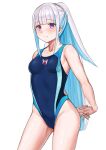 1girl absurdres aqua_hair arms_behind_back bangs blue_swimsuit blunt_bangs blush breasts eyebrows_visible_through_hair highres interlocked_fingers kuro_(zhurunbo1997) lize_helesta long_hair medium_breasts multicolored_hair nijisanji one-piece_swimsuit ponytail simple_background smile solo swimsuit two-tone_hair violet_eyes virtual_youtuber white_background white_hair 