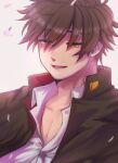 1boy bangs black_jacket brown_eyes brown_hair close-up collarbone face gakuran highres hiota_(kuhi_0301) jacket male_focus master_4_(tokyo_houkago_summoners) open_clothes open_jacket open_mouth open_shirt partially_unbuttoned petals school_uniform short_hair solo tokyo_houkago_summoners toned toned_male 