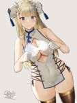  1girl bangs bare_shoulders black_legwear blonde_hair blue_eyes blush breasts bun_cover china_dress chinese_clothes cleavage_cutout closed_mouth clothing_cutout commentary_request cross-laced_clothes cross-laced_slit double_bun dress highres large_breasts legs long_hair looking_at_viewer mole mole_on_breast oekakizuki original pelvic_curtain revealing_clothes side_slit sideboob skindentation smile thick_thighs thigh-highs thighs 