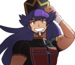  1boy arm_up bangs baseball_cap bright_pupils champion_uniform dark-skinned_male dark_skin eyebrows_visible_through_hair facial_hair grin hat leon_(pokemon) long_hair looking_at_viewer male_focus morio_(poke_orio) pokemon pokemon_(game) pokemon_swsh purple_hair shield_print shirt short_sleeves simple_background smile solo sword_print upper_body white_background white_pupils white_wristband yellow_eyes 