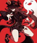  absurdres brown_hair claw_pose genshin_impact ghost hat highres hu_tao_(genshin_impact) jewelry jumping kekel long_hair looking_at_viewer one_eye_closed red_background red_eyes ring simple_background smile socks 