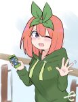  1girl ;d bangs blue_eyes blush breasts cellphone closed_eyes drawstring eyebrows_behind_hair facing_viewer go-toubun_no_hanayome green_hoodie green_ribbon hair_between_eyes hair_ribbon highres holding holding_phone hood hood_down hoodie iphone kujou_karasuma long_sleeves medium_breasts nakano_yotsuba one_eye_closed open_mouth phone railing ribbon signature sleeves_past_wrists smartphone smile solo upper_body upper_teeth 