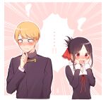  !! ... 1boy 1girl artist_name bangs black_hair blonde_hair blue_eyes blush closed_mouth commentary_request dress embarrassed eyebrows_visible_through_hair folded_ponytail hair_ribbon hands_on_own_cheeks hands_on_own_face highres juugonichi_(wheeliex2) kaguya-sama_wa_kokurasetai_~tensai-tachi_no_renai_zunousen~ long_sleeves open_mouth parted_bangs red_eyes red_neckwear red_ribbon ribbon school_uniform shinomiya_kaguya shirogane_miyuki short_hair shuuchiin_academy_uniform signature sweatdrop translated wavy_mouth 