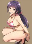  1girl bikini black_footwear breasts brown_background clenched_teeth deyuuku eyebrows_visible_through_hair hair_ornament hair_scrunchie jewelry large_breasts long_hair looking_at_viewer love_live! love_live!_school_idol_project low_twintails necklace purple_hair red_bikini red_scrunchie scrunchie shoes side-tie_bikini simple_background smile solo squatting swimsuit teeth toujou_nozomi twintails violet_eyes 