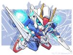  00_gundam blue_eyes character_name dated dual_wielding gn_drive gundam gundam_00 holding holding_sword holding_weapon mecha no_humans shokkaa_(shmz61312) solo sword twitter_username v-fin weapon 