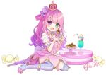  1girl blush bracelet candy_hair_ornament chocomarybadend crescent_necklace crown detached_sleeves dress food food_themed_hair_ornament frilled_dress frilled_legwear frilled_skirt frills full_body gradient_hair green_eyes hair_ornament hair_rings heterochromia high_heels himemori_luna holding holding_food hololive jewelry long_hair looking_at_viewer mini_crown miniskirt mismatched_legwear multicolored_hair necklace one_side_up open_mouth pendant pink_dress pink_hair pink_skirt pleated_skirt princess puffy_short_sleeves puffy_sleeves shoes short_dress short_sleeves simple_background sitting skirt sleeveless sleeveless_dress smile solo spaghetti_strap star_(symbol) star_necklace striped striped_legwear takoyaki thigh-highs upper_teeth vertical-striped_legwear vertical_stripes violet_eyes virtual_youtuber wariza wavy_hair white_background white_sleeves 