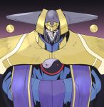  1boy armor closed_mouth gradient gradient_background hazanko helmet male_focus ngra201 outlaw_star pauldrons red_eyes shoulder_armor sleeves_past_fingers sleeves_past_wrists solo upper_body yin_yang 