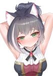  1girl absurdres animal_ear_fluff animal_ears armpits arms_up bangs black_hair blush breasts cat_ears commentary_request dokomon eyebrows_visible_through_hair green_eyes head_tilt highres karyl_(princess_connect!) korean_commentary looking_at_viewer medium_breasts ponytail princess_connect! princess_connect!_re:dive shirt sidelocks simple_background sleeveless sleeveless_shirt solo upper_body white_background white_shirt 