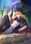  1girl artoria_pendragon_(all) artoria_pendragon_(caster) bangs black_cape black_gloves black_legwear blonde_hair blush bow breasts brick_floor brick_wall cape commentary_request double-breasted dress eyebrows_visible_through_hair fate/grand_order fate_(series) gloves green_eyes hair_between_eyes hat highres holding holding_staff long_hair long_sleeves looking_at_viewer lying nonderi open_mouth outdoors pantyhose parted_lips purple_bow red_cape smile solo staff tree twintails two-sided_cape two-sided_fabric 