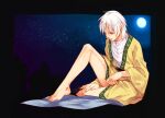  1boy barefoot freckles full_moon ja&#039;far_(magi) keffiyeh long_hair looking_down magi_the_labyrinth_of_magic male_focus moon no_pants siruphial sitting solo white_hair 