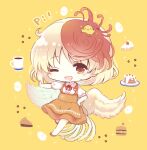  23_(candy_chapus) adapted_costume animal_on_head anna_miller apron bird bird_on_head bird_tail bird_wings blonde_hair blush cake chibi chick coffee coffee_beans coffee_mug commentary_request cup egg feathered_wings food full_body hamburger hand_on_hip heart_button highres looking_at_viewer mug multicolored_hair neck_ribbon niwatari_kutaka on_head one_eye_closed open_mouth orange_apron orange_footwear orange_skirt outstretched_arm pie_slice red_eyes red_neckwear redhead ribbon shirt shoes short_hair short_sleeves simple_background skirt smile star_(symbol) touhou two-tone_hair waitress white_shirt wings yellow_background 