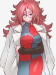  1girl android_21 blue_eyes breasts checkered checkered_dress dragon_ball dragon_ball_fighterz dress earrings glasses hoop_earrings jewelry kemachiku labcoat long_hair looking_at_viewer medium_breasts red_ribbon_army redhead simple_background solo 