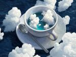  aircraft airplane artist_name blue_theme clouds commentary cup english_commentary no_humans ocean original oversized_object rhads scenery signature spoon surreal teacup very_wide_shot waves 