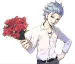 1boy belt black_belt blue_eyes blue_hair bouquet camus_(dq11) collarbone collared_shirt commentary_request dragon_quest dragon_quest_xi dress_shirt earrings flower hand_on_hip highres holding holding_bouquet holding_flower jewelry long_sleeves looking_at_viewer male_focus mondi_hl necklace open_mouth pants red_flower red_rose rose shirt shirt_tucked_in short_hair simple_background smile solo spiky_hair upper_body upper_teeth white_background white_shirt 