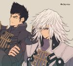  2boys armor black_hair blue_eyes crossed_arms feather_hair highres japanese_armor jin_(xenoblade) long_hair male_focus mochimochi_(xseynao) multiple_boys pauldrons shoulder_armor spiky_hair white_hair xenoblade_chronicles_(series) xenoblade_chronicles_2 