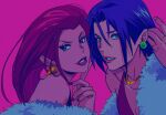  1boy 1girl blue_eyes blue_hair crossdressinging dress earrings finger_to_chin fur_scarf green_eyes hair_tucking highres james_(pokemon) jessie_(pokemon) jewelry lips long_hair parted_lips pink_background pokemon pokemon_(anime) pokemon_(classic_anime) ring simple_background sinful_hime team_rocket upper_body 