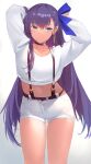  1girl arms_up bangs blue_eyes blue_ribbon blush breasts choker contemporary earrings fate/extra fate/extra_ccc fate_(series) hair_ribbon highres jewelry long_hair long_sleeves looking_at_viewer meltryllis navel purple_hair ribbon saisarisu small_breasts smile suspenders thighs very_long_hair 