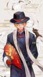  1boy blonde_hair blue_eyes cane chinese_text clothes dragon dywx_poison fan fedora gloves hat highres holding holding_fan long_sleeves male_focus one_piece red_gloves sabo_(one_piece) scar scarf short_hair smile solo 