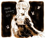  1girl ange_(angeban93) beatrice_(umineko) bow braid braided_bun bug butterfly choker collarbone dated dress english_text flower frilled_choker frilled_dress frills hair_flower hair_ornament happy_birthday highres insect limited_palette solo umineko_no_naku_koro_ni 