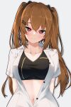  1girl :3 absurdres arms_behind_back bangs blush breasts brown_hair closed_mouth collarbone collared_shirt commentary dress_shirt girls_frontline head_tilt highres long_hair looking_at_viewer medium_breasts navel open_clothes open_shirt red_eyes scar scar_across_eye scar_on_face shirt short_sleeves smile solo sports_bra twintails ump9_(girls_frontline) unbuttoned unbuttoned_shirt upper_body white_shirt yellow_pupils z.taiga 