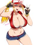  1girl bare_shoulders baseball_cap breasts commentary_request fatal_fury genderswap genderswap_(mtf) hat highres large_breasts midriff navel okyou ponytail short_shorts shorts simple_background snk_heroines:_tag_team_frenzy solo terry_bogard the_king_of_fighters thighs v white_background 