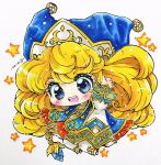  1girl bangs blonde_hair blue_eyes blue_headwear blush charlotte_(seiken_densetsu_3) chibi full_body jumping long_hair open_mouth round_teeth seiken_densetsu seiken_densetsu_3 signature smile solo star_(symbol) teeth traditional_media very_long_hair waving yuunagi_ryuuka 