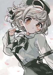  1girl :o artist_name bangs beret black_bow black_headwear black_ribbon black_skirt blush bow brown_eyes collared_shirt dress_shirt eyebrows_visible_through_hair flower grey_hair hair_flower hair_ornament hair_ribbon hand_up hat hatoba_tsugu head_tilt highres long_sleeves looking_at_viewer mole mole_under_eye parted_lips petals puffy_long_sleeves puffy_sleeves ribbon rose sha2mo shirt signature skirt sleeves_past_wrists solo suspender_skirt suspenders tsugu_(vtuber) virtual_youtuber white_flower white_rose white_shirt 