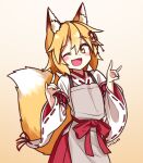  1girl ;d animal_ear_fluff animal_ears apron artist_name bangs blonde_hair blush commentary double_fox_shadow_puppet eyebrows_visible_through_hair fang flower fox_ears fox_girl fox_shadow_puppet fox_tail gradient gradient_background hair_between_eyes hair_flower hair_ornament japanese_clothes lirilias miko one_eye_closed open_mouth ribbon-trimmed_sleeves ribbon_trim senko_(sewayaki_kitsune_no_senko-san) sewayaki_kitsune_no_senko-san short_hair simple_background skin_fang smile solo tail wide_sleeves yellow_eyes 