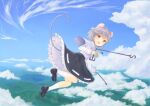  1girl animal_ears bangs black_skirt blue_sky clouds cloudy_sky commentary day dowsing_rod eyebrows_visible_through_hair flying frilled_skirt frilled_sleeves frills grey_capelet grey_hair highres holding horizon jewelry loafers long_sleeves looking_at_viewer mouse_ears mouse_girl mouse_tail nagiyu_(shirokuma_village) nazrin necklace open_mouth outdoors pendant red_eyes ribbon-trimmed_skirt ribbon_trim shirt shoes short_hair skirt sky smile socks solo tail touhou white_legwear white_shirt 