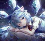  1girl ;) absurdres animal_ear_fluff animal_ears ascot blue_bow blue_dress blue_eyes blue_flower blue_hair blurry blush bow breasts cat_ears cirno closed_mouth collared_shirt dark_background depth_of_field dress flower glint hair_between_eyes hair_bow head_rest highres ice ice_wings kemonomimi_mode looking_at_viewer lying mirage48291584 on_ground on_side one_eye_closed puffy_short_sleeves puffy_sleeves red_neckwear shirt short_hair short_sleeves small_breasts smile solo sparkle touhou upper_body white_shirt wings 