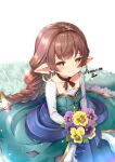  1girl bouquet braid brown_eyes brown_hair closed_mouth commentary_request dated dress earrings flower glint granblue_fantasy green_dress haaselia harvin highres holding holding_bouquet hoop_earrings jewelry long_hair long_sleeves pilokey pointy_ears purple_flower signature single_braid smile solo very_long_hair white_background yellow_flower 