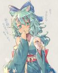  1girl :o amamiya_kaoruko animal_ears bare_shoulders blue_bow blush bow breasts detached_sleeves eyebrows_visible_through_hair food green_hair green_kimono grey_background hair_between_eyes hair_bow hand_up holding holding_food japanese_clothes kimono kuromiya large_breasts long_hair looking_at_viewer obi original sash simple_background solo translation_request wide_sleeves 