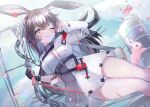  1girl animal_ears april_(arknights) arknights bare_legs belt black_hair blue_sky blush bow_(weapon) breasts brown_hair closed_mouth clouds cloudy_sky commentary compound_bow confetti day dress eyelashes holding holding_bow_(weapon) holding_weapon long_hair looking_at_viewer medium_breasts multicolored_hair name_tag one_eye_closed outdoors rabbit rabbit_ears romaji_commentary seia_(tikxxx) sky smile solo streaked_hair thighs tongue tongue_out two-tone_hair weapon white_dress yellow_eyes 