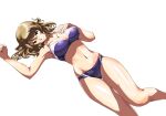  1girl absurdres bikini breasts brown_eyes clothes_writing commentary_request highres houston_(kantai_collection) kantai_collection kasuta.net large_breasts light_brown_hair long_hair looking_at_viewer lying purple_bikini short_hair simple_background smile solo swimsuit two-tone_bikini white_background 