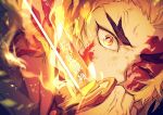  1boy anger_vein black_hair black_jacket blonde_hair closed_mouth face fighting_stance fire forked_eyebrows glowing glowing_weapon holding holding_weapon jacket katana kimetsu_no_yaiba long_hair looking_at_viewer male_focus multicolored_hair one_eye_closed redhead rengoku_kyoujurou solo sword two-tone_hair weapon yuuki_sawano 